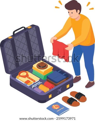A vibrant isometric vector illustration of a man packing his suitcase for travel. The scene features a neatly organized open suitcase with clothes, accessories, and travel essentials.