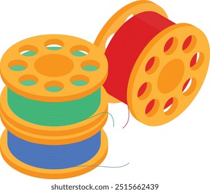 A vibrant isometric vector illustration of three sewing bobbins wound with colorful red, green, and blue threads.