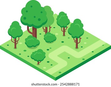 La vibrante vista isométrica captura un camino sinuoso que serpentea a través de un exuberante parque verde, salpicado de varios tamaños de árboles y arbustos, creando una atmósfera serena y acogedora