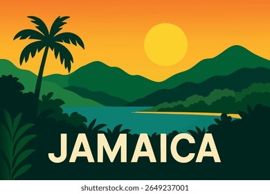 A vibrante paisagem jamaicana ganha vida ao amanhecer, com a primeira luz do dia projetando um brilho dourado sobre verduras exuberantes e vistas deslumbrantes da costa.