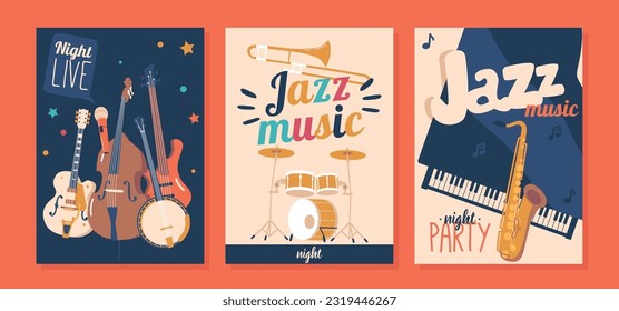 Vibrant Jazz Concert Banners Featuring Captivating Design, Bold Typography, And Musical Elements and Instruments