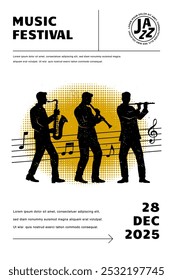 Um cartaz vibrante do festival de jazz apresentando silhuetas de músicos tocando instrumentos com um design moderno e dinâmico