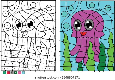 Vibrant Jellyfish Color by Number Activity for Kids: Engaging educational game with cute cartoon marine life, perfect for learning colors, numbers, and fine motor skills. Fun underwater scene.