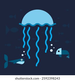 A vibrant jellyfish floats gracefully in deep blue waters, surrounded by playful fish. This illustration captures the essence of marine life in a captivating aquatic environment.