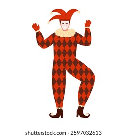 A vibrant jester character joyfully showcases a variety of playful and lively dance moves in a classic harlequin outfit