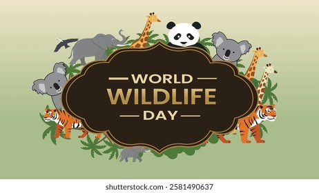 A vibrant and joyful design for World Wildlife Day featuring a collection of animals like giraffes, tigers, koalas, pandas, and elephants surrounded by lush foliage, emphasizing wildlife conservation.