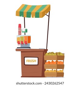 Vibrant Juice Stall Kiosk Adorned With Striped Canopy Offering Refreshing, Freshly Squeezed Juices. Delightful Flavors Awaits At This Enticing Beverage Haven. Street Kiosk, Cartoon Vector Illustration