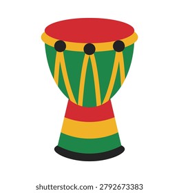 A vibrant Juneteenth hand drum with a red top and green and yellow body. It features a traditional design with decorative patterns.