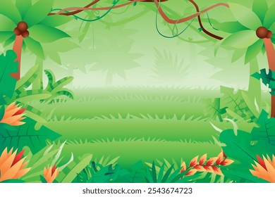 A vibrant jungle scene featuring lush green foliage, tropical plants, and colorful flowers. The background is softly blurred, creating a serene atmosphere, ideal for nature-themed designs.