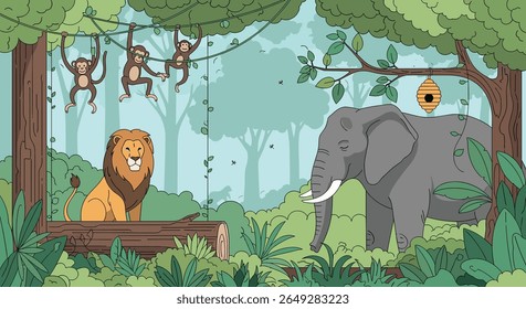 Uma vibrante cena de selva com animais majestosos e primatas brincalhões em meio a exuberantes verdes e árvores altas