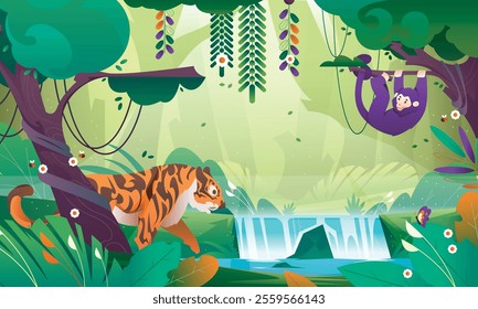 A vibrant jungle scene featuring a tiger walking near a waterfall, while a monkey swings from a tree. Lush green foliage and colorful flowers surround the animals, creating a lively atmosphere.