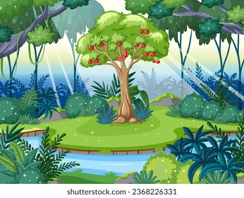 A vibrant jungle scene with a river, lush trees, and a snake on an apple tree