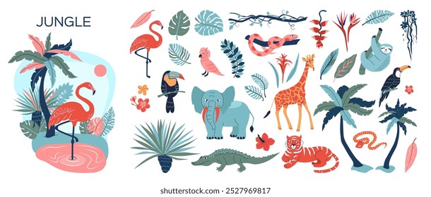 Uma vibrante ilustração com tema de selva apresentando vários animais e plantas. Inclui flamingos, tucanos, preguiças, girafas, elefantes, tigres e crocodilos, cercados por folhagem tropical e flores.