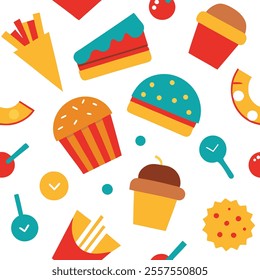 A vibrant junk food pattern design vector featuring burgers, fries, pizza, and soda in a seamless, colorful style. Perfect for backgrounds, packaging, or branding, this high-quality illustration adds 