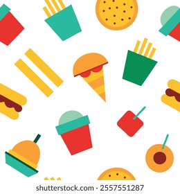 A vibrant junk food pattern design vector featuring burgers, fries, pizza, and soda in a seamless, colorful style. Perfect for backgrounds, packaging, or branding, this high-quality illustration adds 