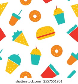 A vibrant junk food pattern design vector featuring burgers, fries, pizza, and soda in a seamless, colorful style. Perfect for backgrounds, packaging, or branding, this high-quality illustration adds 