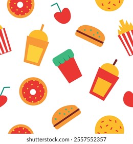 A vibrant junk food pattern design vector featuring burgers, fries, pizza, and soda in a seamless, colorful style. Perfect for backgrounds, packaging, or branding, this high-quality illustration adds 