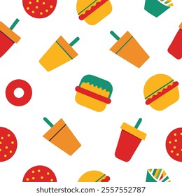 A vibrant junk food pattern design vector featuring burgers, fries, pizza, and soda in a seamless, colorful style. Perfect for backgrounds, packaging, or branding, this high-quality illustration adds 