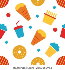 A vibrant junk food pattern design vector featuring burgers, fries, pizza, and soda in a seamless, colorful style. Perfect for backgrounds, packaging, or branding, this high-quality illustration adds 