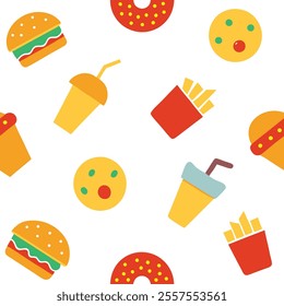 A vibrant junk food pattern design vector featuring burgers, fries, pizza, and soda in a seamless, colorful style. Perfect for backgrounds, packaging, or branding, this high-quality illustration adds 