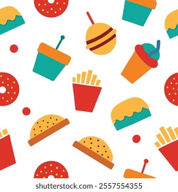 A vibrant junk food pattern design vector featuring burgers, fries, pizza, and soda in a seamless, colorful style. Perfect for backgrounds, packaging, or branding, this high-quality illustration adds 