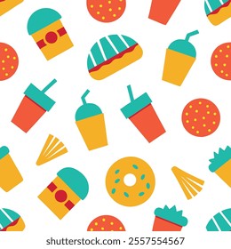 A vibrant junk food pattern design vector featuring burgers, fries, pizza, and soda in a seamless, colorful style. Perfect for backgrounds, packaging, or branding, this high-quality illustration adds 