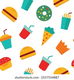 A vibrant junk food pattern design vector featuring burgers, fries, pizza, and soda in a seamless, colorful style. Perfect for backgrounds, packaging, or branding, this high-quality illustration adds 