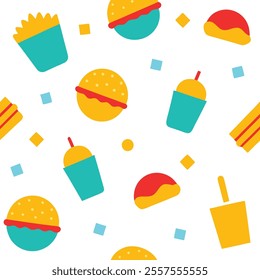 A vibrant junk food pattern design vector featuring burgers, fries, pizza, and soda in a seamless, colorful style. Perfect for backgrounds, packaging, or branding, this high-quality illustration adds 