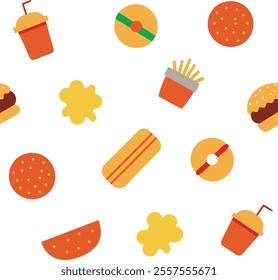 A vibrant junk food pattern design vector featuring burgers, fries, pizza, and soda in a seamless, colorful style. Perfect for backgrounds, packaging, or branding, this high-quality illustration adds 