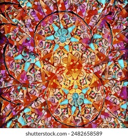 A vibrant kaleidoscope pattern featuring a rich array of colors such as red, orange, blue, and purple. The design includes repeating geometric shapes and abstract forms, creating a mesmerizing artwork