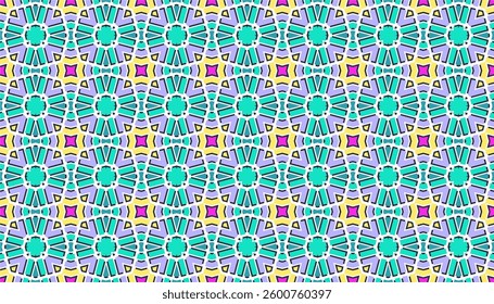 A vibrant kaleidoscope-style pattern featuring repeating geometric shapes in teal, turquoise, yellow, and pink.

