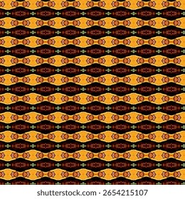 Patrón caleidoscópico vibrante con acentos naranjas, verdes y oscuros, formando una estructura simétrica y repetitiva ideal para textiles y fondos.