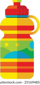 Vibrant kids' water bottle illustration. Multicolored sports bottle with playful design featuring stripes, stars, and bold hues. Cheerful vector graphic ideal for children's products, school supplies,