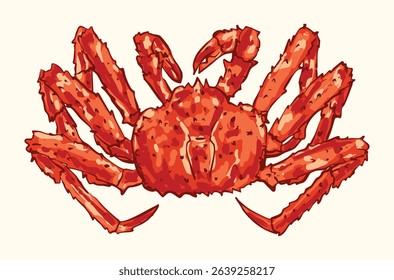 Vibrant king crab artwork in rich red tones, ideal for seafood branding, marine-themed posters, educational materials, ocean decor, or coastal design and illustration projects.