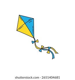 A vibrant kite showcases a blend of blue and yellow colors soaring through a clear blue sky. This image captures joy, fun, and the spirit of outdoor activities.