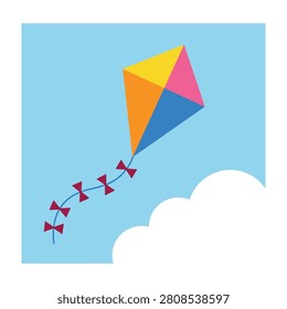 Vibrant kite soaring through clear blue sky with fluffy white clouds and pink streamers