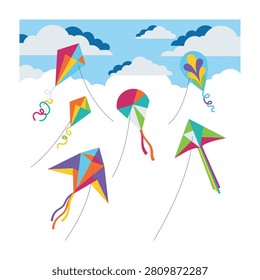 Vibrant kites soar through blue sky with white clouds, evoking joy and freedom outdoors