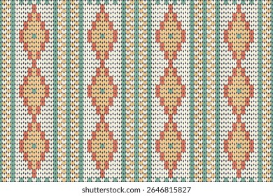 Vibrant knitted design featuring symmetrical orange and yellow motifs with green vertical stripes on a white background. Perfect for modern textiles, cultural crafts, sweater designs, or digital artwo