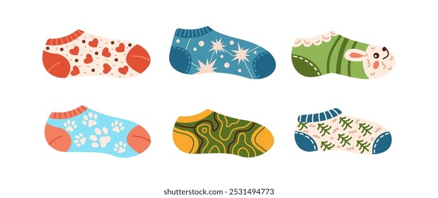 Vibrant knitted low cut socks flat color vector objects set. Winter footwear fun design bringing touch of whimsy illustrations pack on white