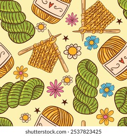 Vibrant knitting and crocheting supplies in warm colors