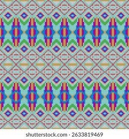 A vibrant knitting-style fabric pattern featuring bold geometric shapes and bright colors. The design blends traditional knit texture with modern aesthetic, ideal for cozy fashion, home decor, or play