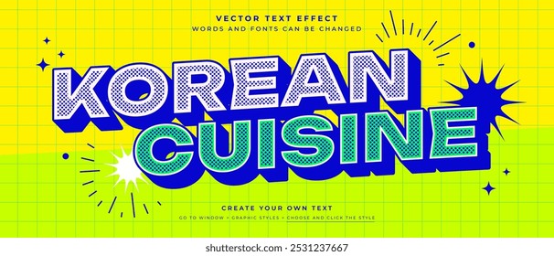 Efecto de texto de cocina coreana vibrante sobre fondo abstracto de cuadrícula, estilo gráfico de Vector