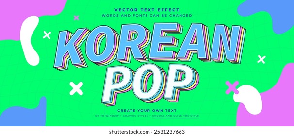 Vibrant Korean music pop text effect on abstract green background, vector graphic style