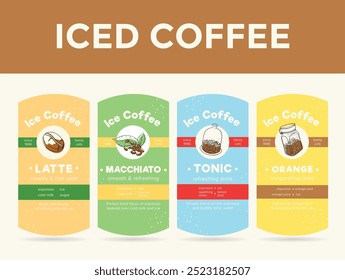 The vibrant labels feature iced coffee drinks, highlighting flavors like latte, macchiato, tonic, and orange, perfect for a refreshing summer experience.