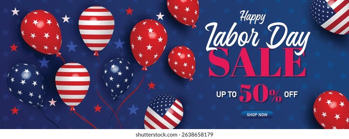 Vibrant Labor Day sale banner featuring balloons and USA flag elements in red, white, and blue. Perfect for promotions