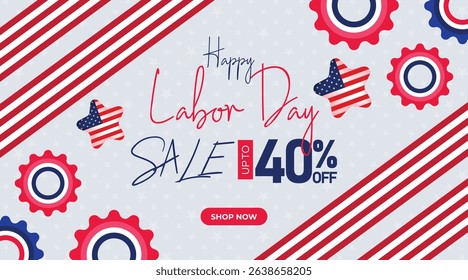 Vibrant Labor Day sale banner with a striped red, white, and blue background and bold typography. Great for digital marketing