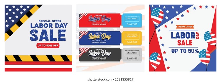 Vibrant Labor Day themed design. American flags, promotional banners and discount coupons, ideal for marketing campaigns, celebratory announcements and holiday shopping advertisements. 