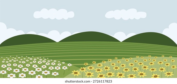 Vibrant Landscape with Blooming Flower Fields and Green Hills. Blooming Whispers of Spring Hill. Sunflower and daisy