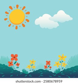 A vibrant landscape features a bright yellow sun shining down on a mix of red and yellow flowers amid lush green grass under a blue sky with fluffy clouds.