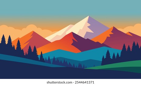 
Vibrant landscape featuring colorful trees in the foreground and majestic mountains in the background flat vector illustration